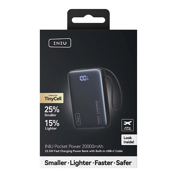 Iniu Batterie Externe de Poche 20000mAh 2 ports USB-A / USB-C avec Câble USB-C Noir pas cher