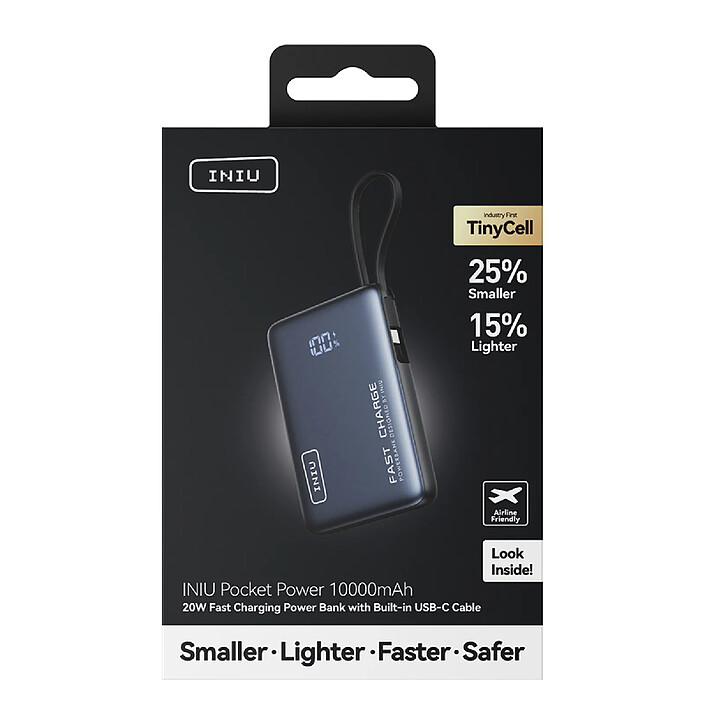 Avis Iniu Batterie Externe de Poche 10000mAh 2 ports USB-A / USB-C avec Câble USB-C Noir