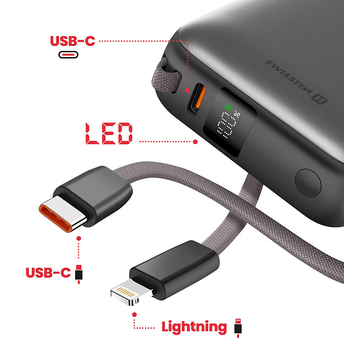 Acheter Swissten Batterie Externe 10000mAh avec Câbles USB-C et Lightning Ultra-Compact Argent