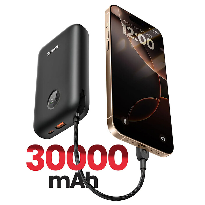 Avis Swissten Batterie Externe 30000mAh Câbles USB-C et Lightning intégrés Écran LED Noir