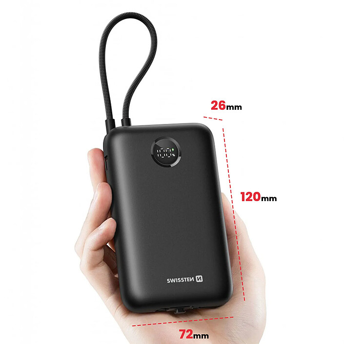 Swissten Batterie Externe 20000mAh Câbles USB-C et Lightning intégrés Écran LED Noir pas cher