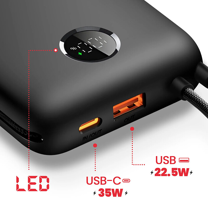 Acheter Swissten Batterie Externe 20000mAh Câbles USB-C et Lightning intégrés Écran LED Noir