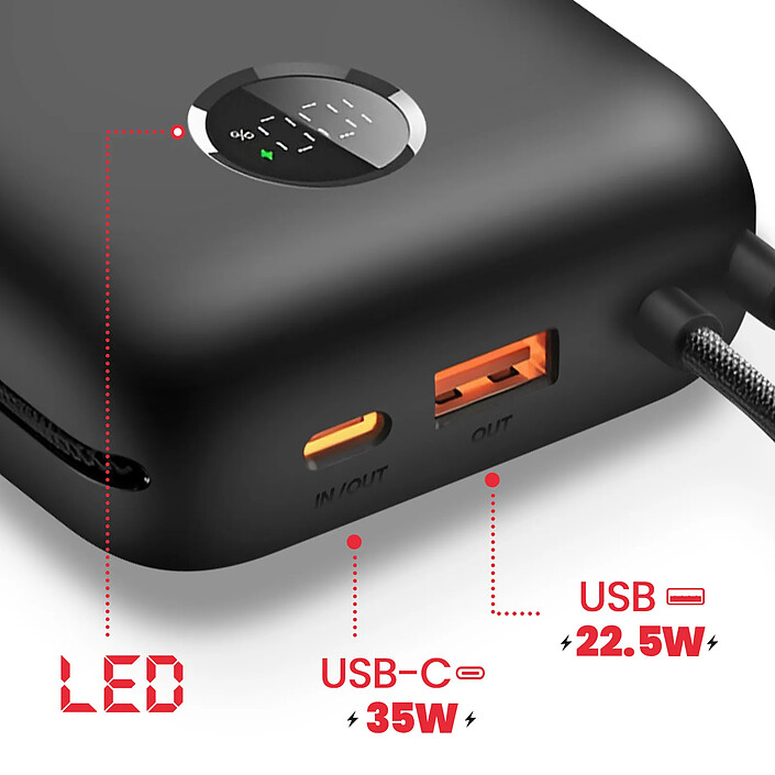 Acheter Swissten Batterie Externe 30000mAh Câbles USB-C et Lightning intégrés Écran LED Noir