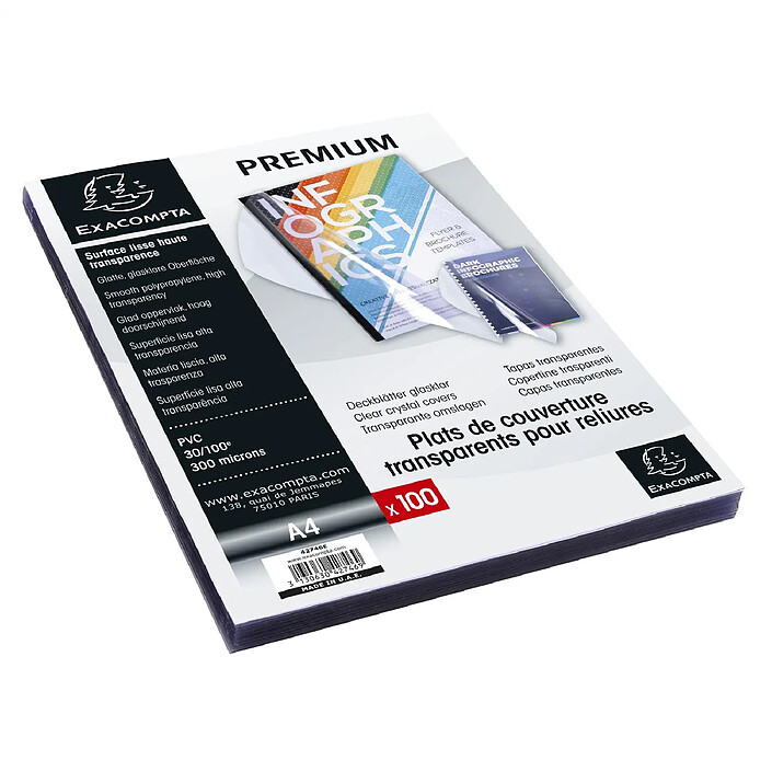 EXACOMPTA Boite de 100 plats pour relier PVC 30x100e - A4 - Cristal x 5