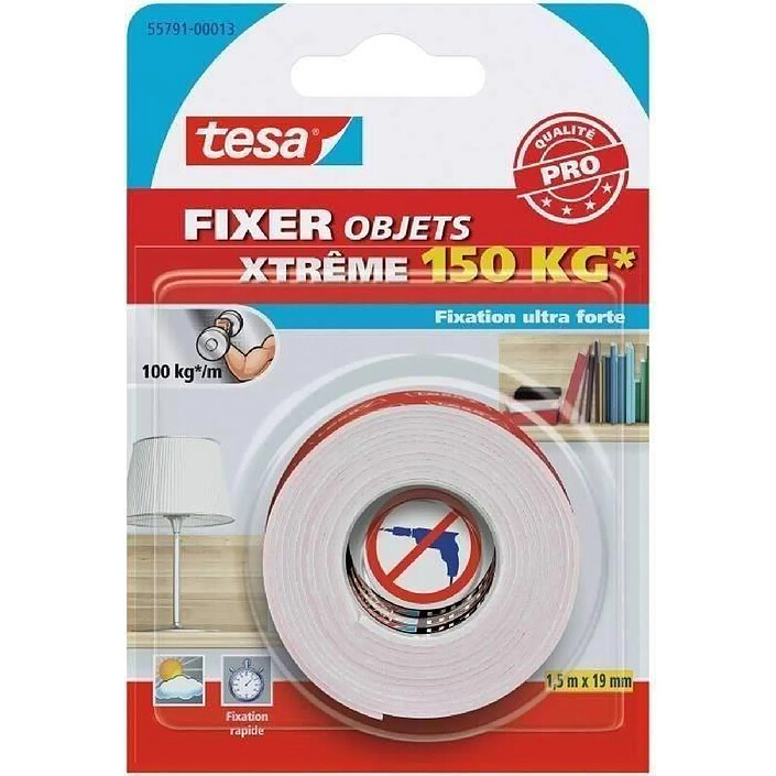 TESA Adhésif Fixer Objets Double face xTREME 150Kg 1,5m x 19mm x 12