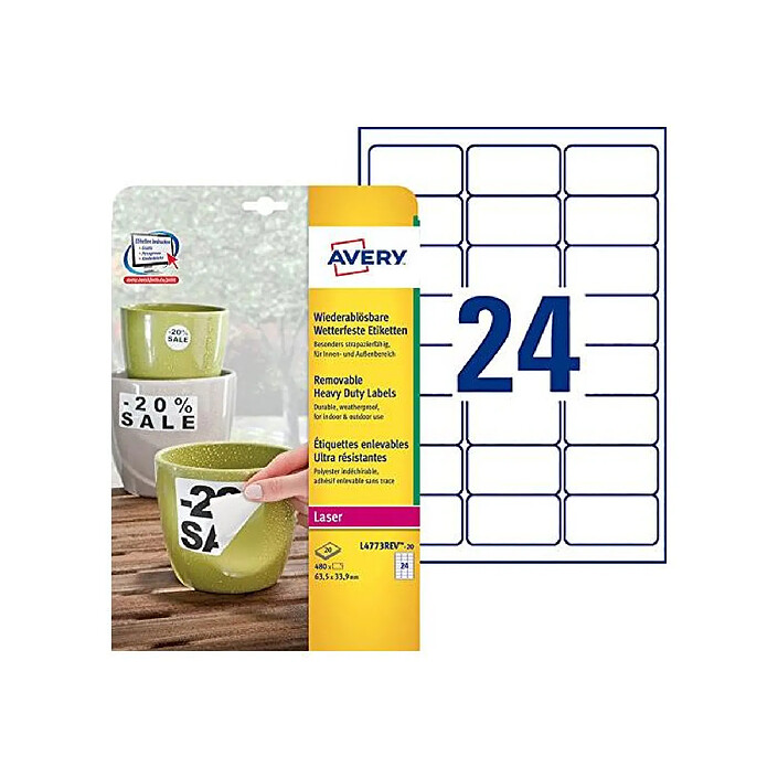 AVERY Boite 480 Etiquette Polyester résistante et repositionnable 63,5 x 33,9 mm, blanc