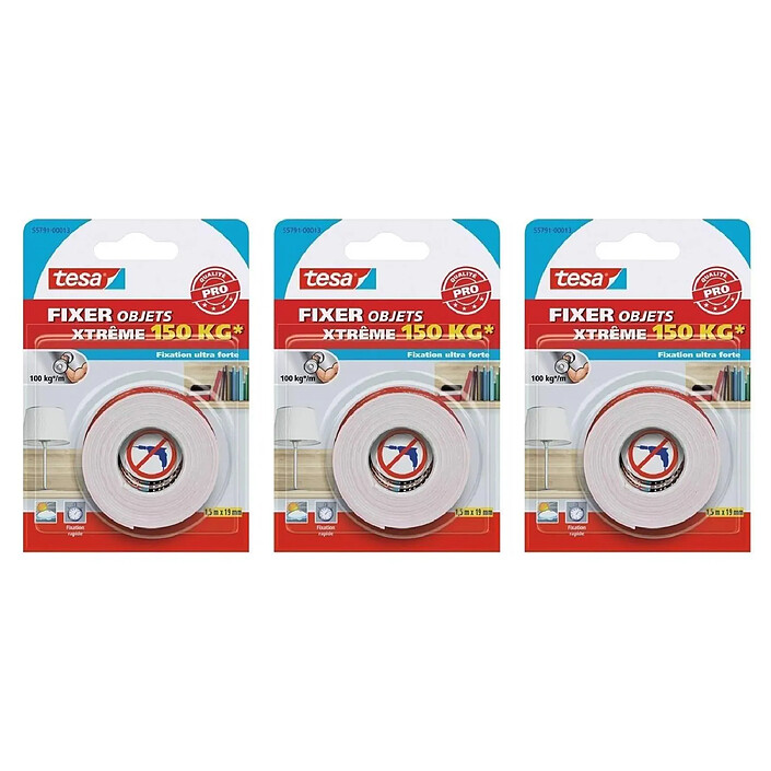 TESA Adhésif Fixer Objets Double face xTREME 150Kg 1,5m x 19mm x 3