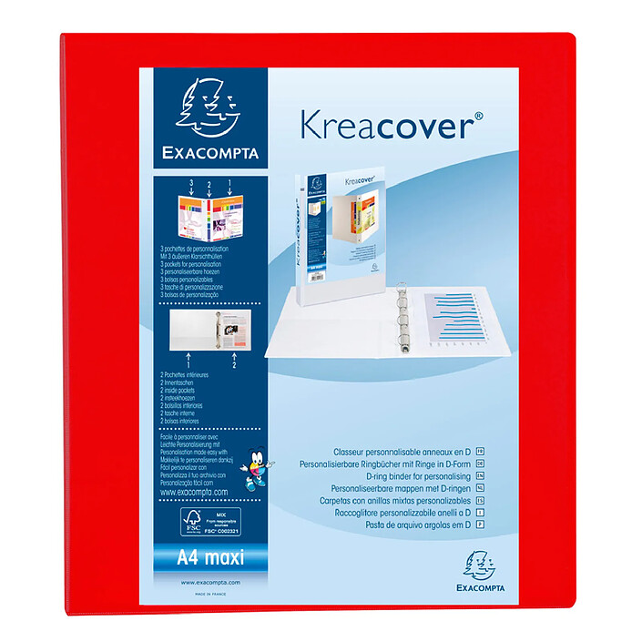 EXACOMPTA Classeur personnalisable Kreacover A4 Maxi 4 Ax Diam 40mm Dos 60 mm Rouge
