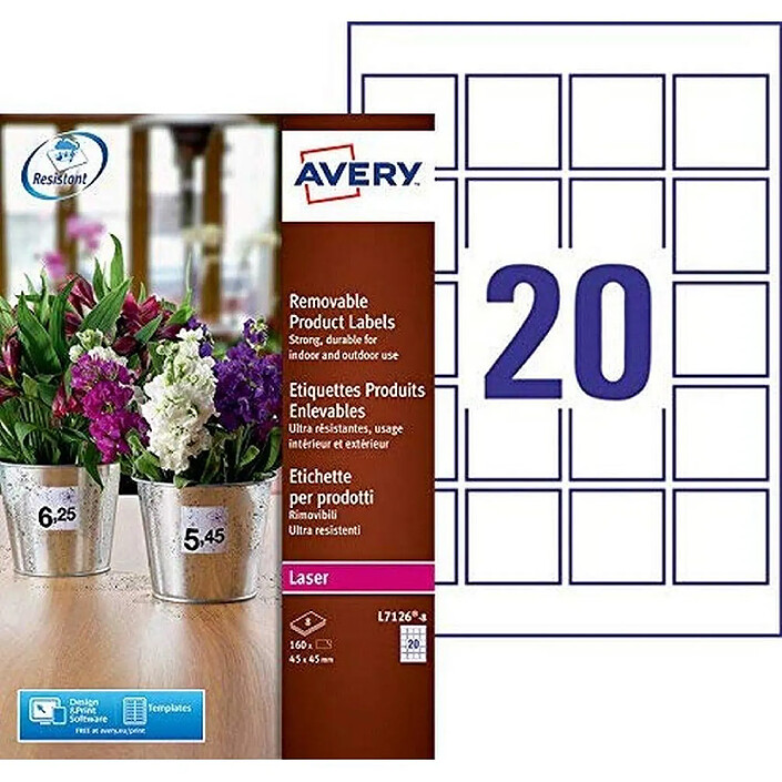 AVERY Etui 160 Etiquettes Polyester Ultra-Résistantes Blanches Amovibles 45 x 45mm