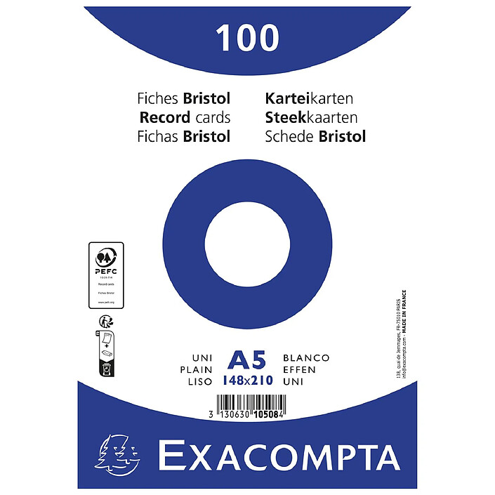 EXACOMPTA Paquet 100 fiches sous film - bristol uni non perforé 148x210mm - Blanc