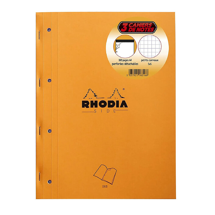 RHODIA Lot de 3 Blocs de Cours Orange Side A4+ 160p 80g Q5x5 Perf.4T