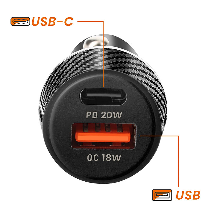 Avis LinQ Chargeur Voiture 38W USB-C + USB Charge Rapide Design Carbone Noir