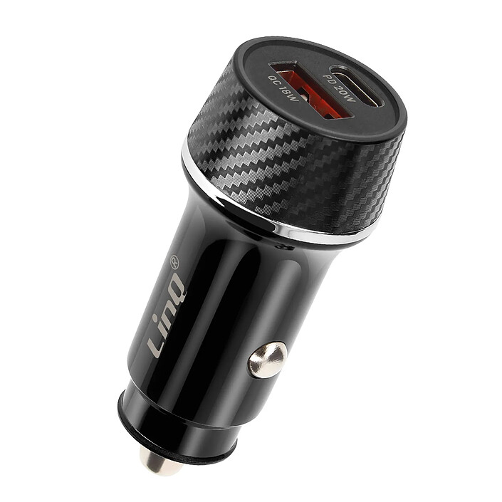 LinQ Chargeur Voiture 38W USB-C + USB Charge Rapide Design Carbone Noir