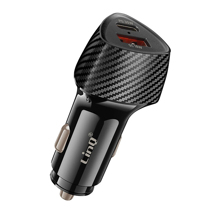LinQ Chargeur Voiture 48W USB-C + USB Charge Rapide Design Carbone Noir