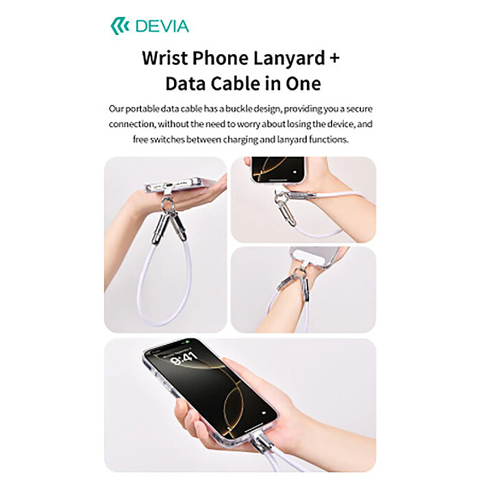 Avis Devia Lanière Tour de Poignet avec Câble USB-C USB-C 60W Ultra Résistant Violet