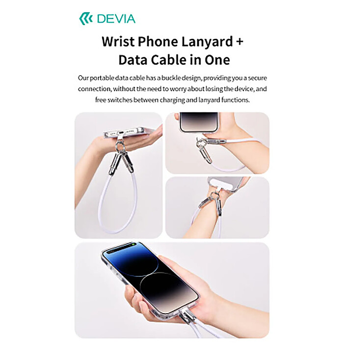 Avis Devia Lanière Tour de Poignet avec Câble USB-C Lightning Ultra Résistant Violet