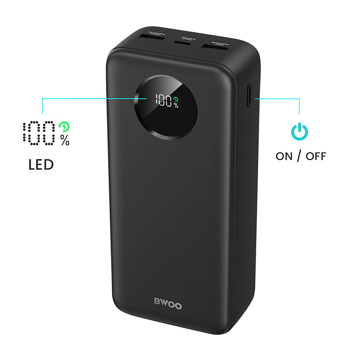 Bwoo Batterie Externe 30000mAh USB-C et 2x USB Écran LCD Noir pas cher