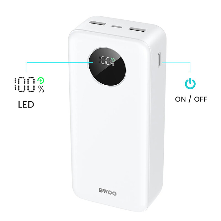 Bwoo Batterie Externe 30000mAh USB-C et 2xUSB Écran LCD - Bwoo Blanc Blanc pas cher