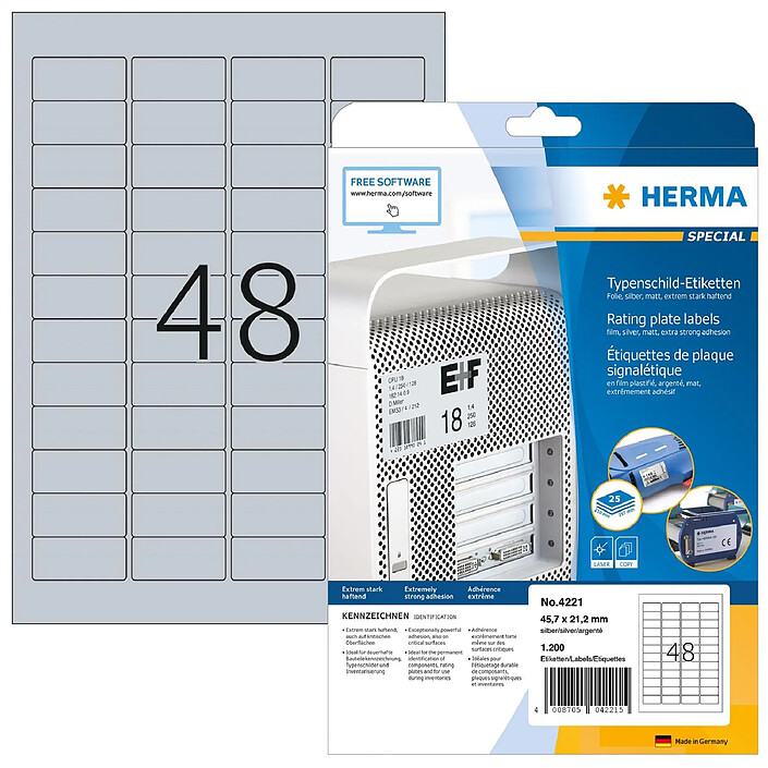 HERMA Boite 1200 Etiquettes de Plaque Signalétique Film 45,7 x 21,2 Argent