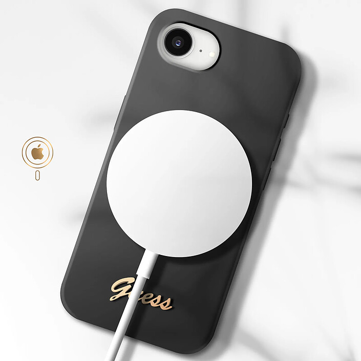 Avis Guess Coque MagSafe pour iPhone 16e Silicone Soft touch Logo métal doré Noir