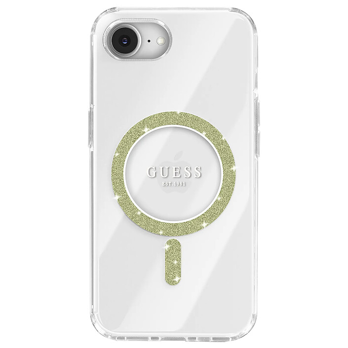 Guess Coque MagSafe pour iPhone 16e Fine Anneau Pailleté Coins renforcés Transparent