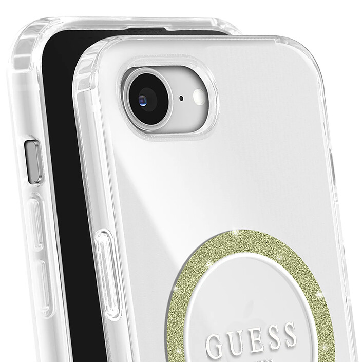 Avis Guess Coque MagSafe pour iPhone 16e Fine Anneau Pailleté Coins renforcés Transparent