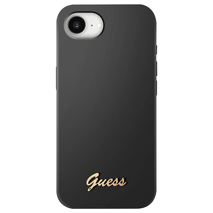 Guess Coque MagSafe pour iPhone 16e Silicone Soft touch Logo métal doré Noir