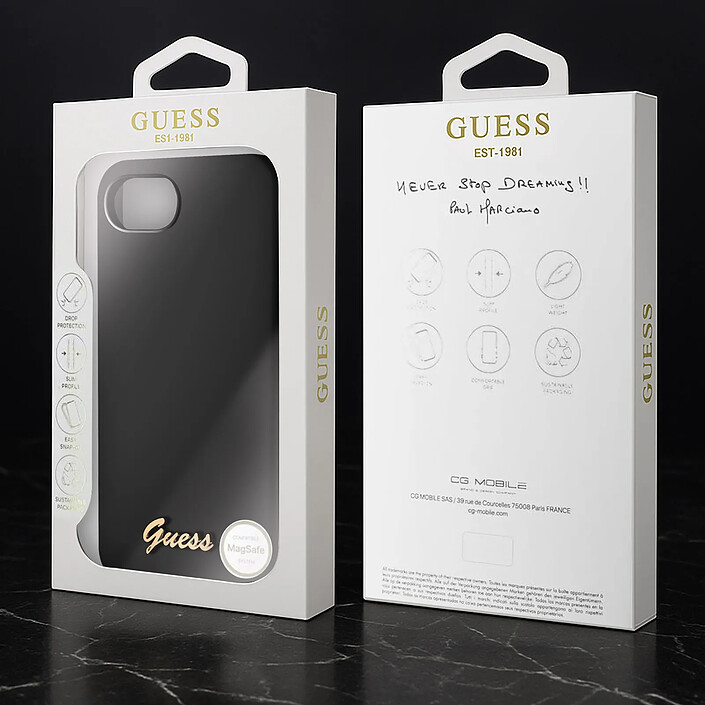 Guess Coque MagSafe pour iPhone 16e Silicone Soft touch Logo métal doré Noir pas cher