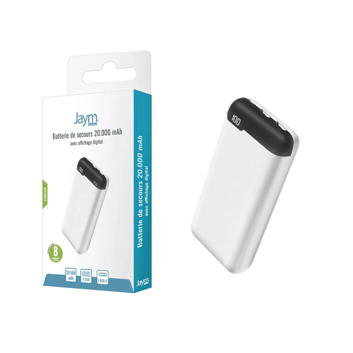 Avis Jaym Batterie de Secours 20 000 mAh 2 USB-A / 1 USB-C avec Écran Digital Blanc