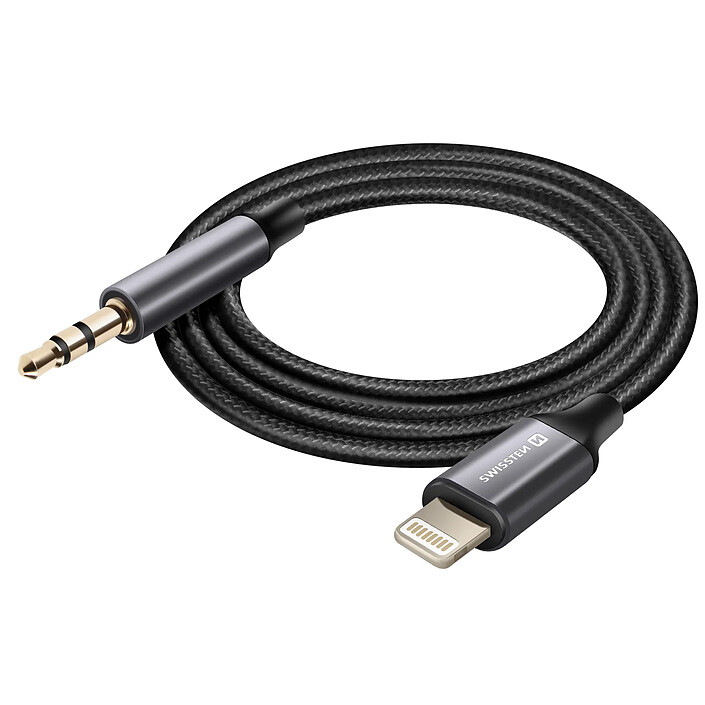 Swissten Câble auxiliaire Lightning compatible jack 3.5 mm Nylon Tressé 1.5m Noir