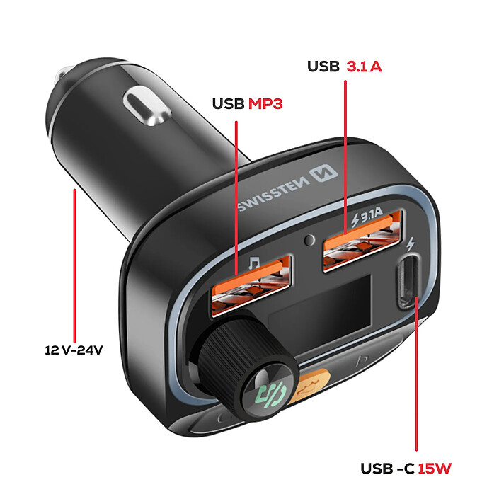 Avis Swissten Transmetteur FM Bluetooth 5.3 Charge rapide 15.5W RGB et lecture MP3 Noir