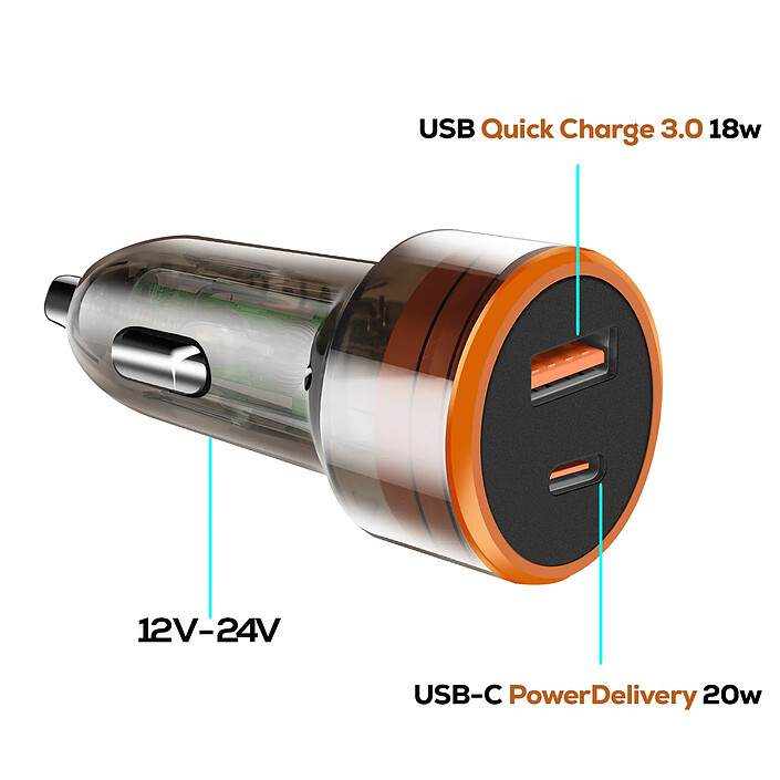 Avis Bwoo Chargeur Voiture 38W Double Port USB-C et USB Charge Rapide Compact Transparent