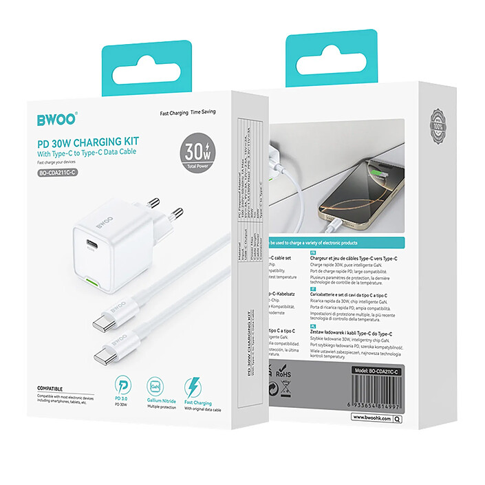Bwoo Chargeur Secteur Rapide 30W GaN USB-C Câble 60W 1m Blanc pas cher