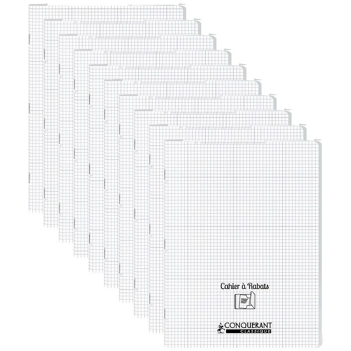 CONQUÉRANT Cahier à rabat agrafé 24x32cm 96P 90G petits carreaux polypro incolore x 10