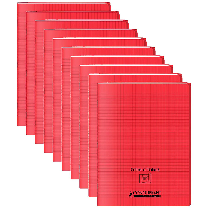 CONQUÉRANT Cahier à rabat agrafé 24x32cm 96P 90G grands carreaux polypro rouge x 10