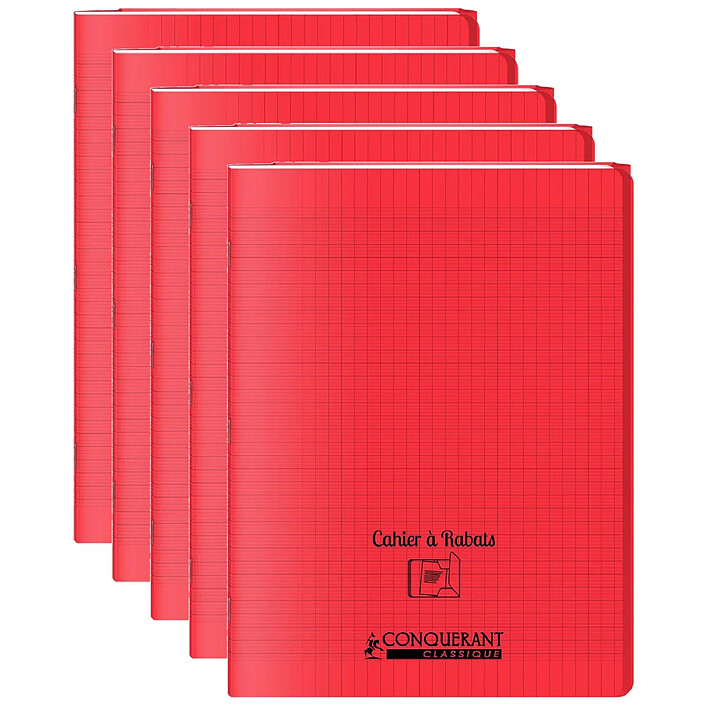 CONQUÉRANT Cahier à rabat agrafé 24x32cm 96P 90G grands carreaux polypro rouge x 5