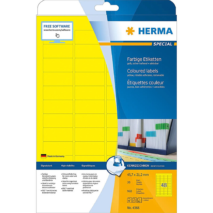 HERMA Boîte 960 Etiquettes 20 feuilles A4 SuperPrint 45,7 x 21,2 mm avec bord Jaune