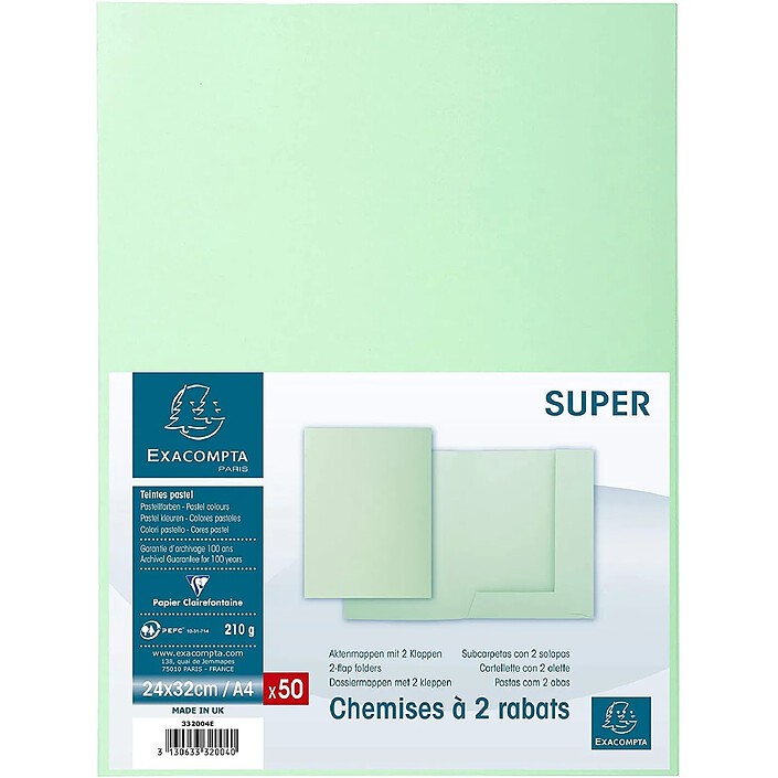 EXACOMPTA Paquet de 50 chemises 2 rabats SUPER 210g 24x32cm Vert clair
