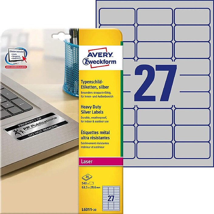 AVERY Boîte de 540 étiquettes Polyester Métallique 63,5x29,6 mm Argent