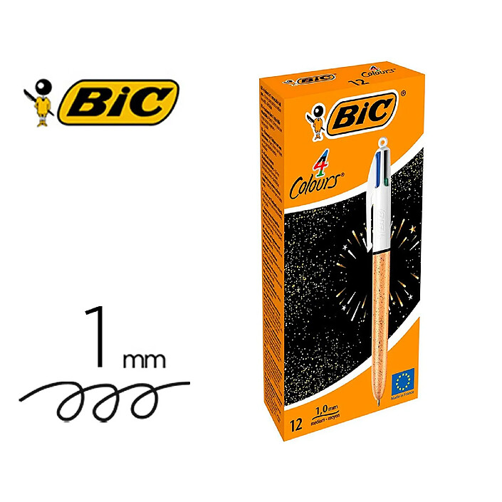 BIC Stylo-bille bic 4 couleurs festif retractable rechargeable pointe moyenne corps blanc/doré x 12