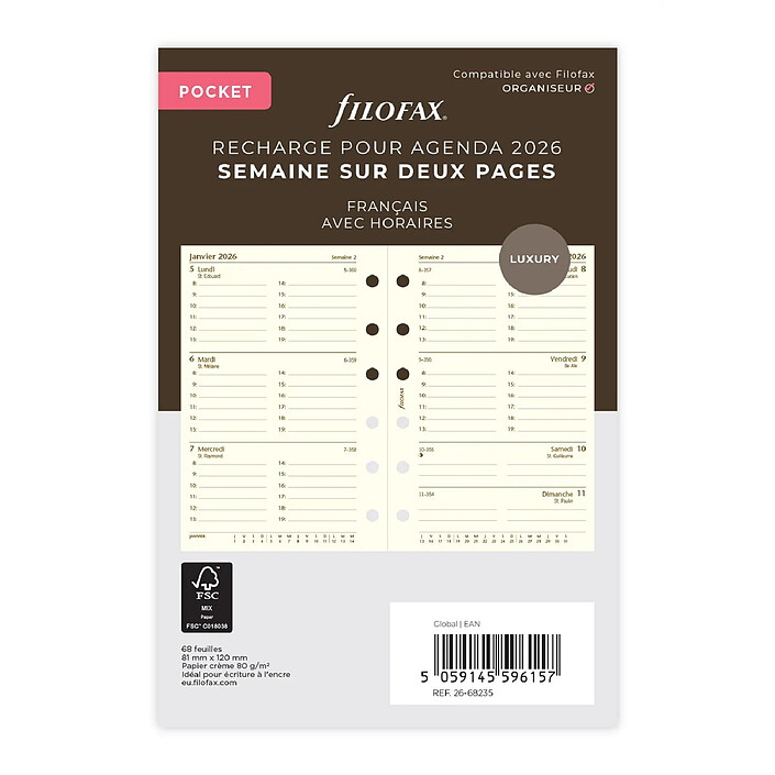 FILOFAX Semaine sur deux pages cotton cream- français - Pocket - 2026