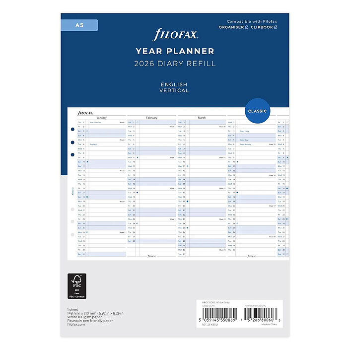FILOFAX A5 planning annuel vertical - anglais - 2026