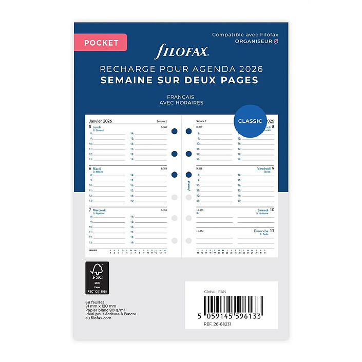 FILOFAX Recharge Organiseur Format Pocket Semaine sur deux pages - français