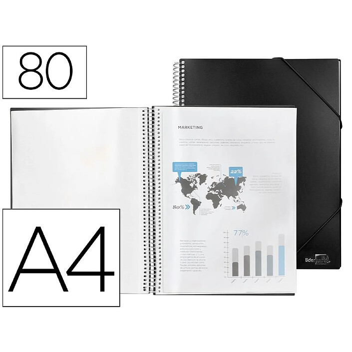 LIDERPAPEL Protège-documents polypropylène couverture rigide spirale 80 pochettes fixes a4 210x297mm coloris noir x 12