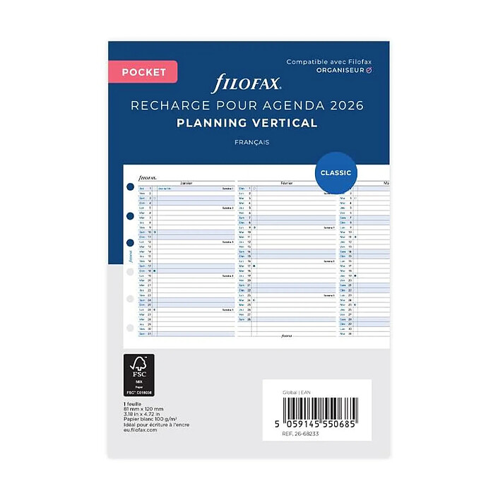 FILOFAX Planning annuel vertical - français - Pocket - 2026