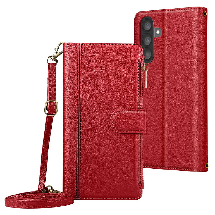 Avizar Étui Portefeuille pour Galaxy A56 à Zip avec Bandoulière Amovible Rouge pas cher