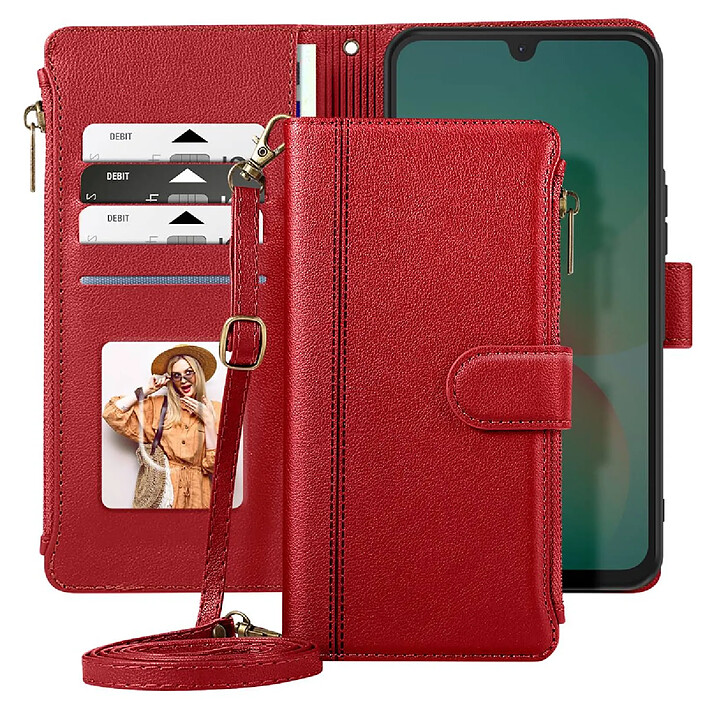Acheter Avizar Étui Portefeuille pour Galaxy A16 / A26 à Zip avec Bandoulière Détachable Rouge