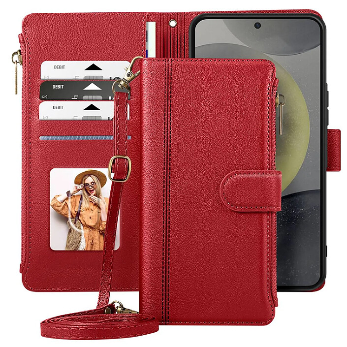 Acheter Avizar Étui Portefeuille pour Galaxy S25 / S24 Zippé avec Bandoulière Détachable Rouge