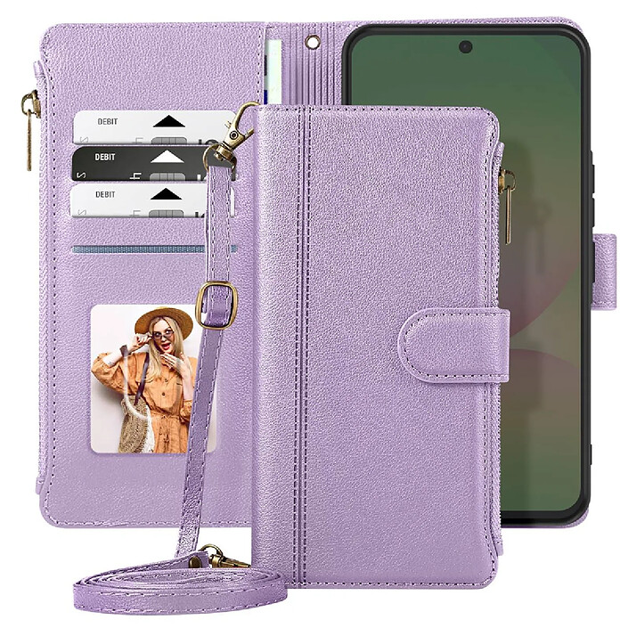 Acheter Avizar Étui Portefeuille pour Galaxy A56 Zippé avec Bandoulière Amovible Lavande