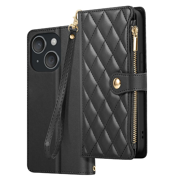 Avizar Étui Portefeuille pour iPhone 15 Texturé avec Support Vidéo et Porte-cartes Noir